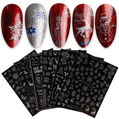 Picture of JMEOWIO 9 Sheets Christmas Glitter Nail Art Stickers Decals Self-Adhesive Snowflake Winter Holiday Silver Nail Supplies Nail Art Design Decoration Accessories