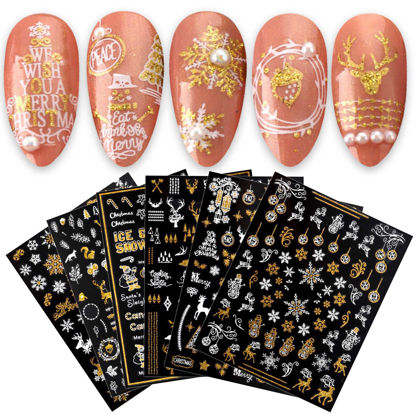 Picture of JMEOWIO 9 Sheets Christmas Nail Art Stickers Decals Self-Adhesive Pegatinas Uñas Bling Snowflake Snowman Holiday White Gold Nail Supplies Nail Art Design Decoration Accessories
