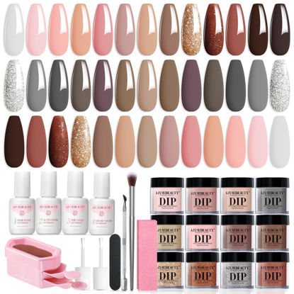 Picture of AZUREBEAUTY Dip Powder Nail Kit Classic Brown Nude Collection Glitter Fall 20 Colors Neutral Chocolate Skin Tone Dip Nail Liquid Set with Base/Top Coat Activator French Nail Art Manicure Salon Home