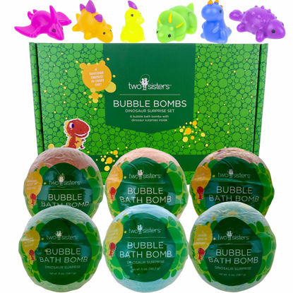 Picture of Dinosaur Bath Bombs for Kids with Surprise Toy Inside (6 Pack) - Bubble Bubble with Hidden Figures, Gentle and Safe, USA Made, Birthday Gift for Boys, Girls, and Teens by Two Sisters