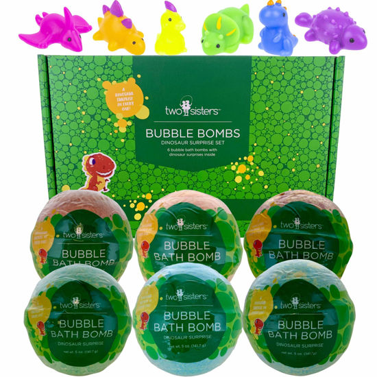 Picture of Dinosaur Bath Bombs for Kids with Surprise Toy Inside (6 Pack) - Bubble Bubble with Hidden Figures, Gentle and Safe, USA Made, Birthday Gift for Boys, Girls, and Teens by Two Sisters
