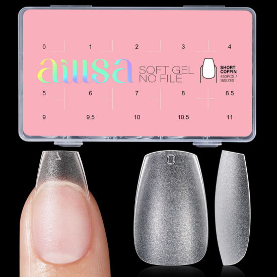 Picture of AILLSA Short Coffin Nail Tips 450PCS Full cover Double-sided Matte Gel Nail Tips Stronger Nail Tips Adhesion Pre-Shaped Press on Nail Tips for Home DIY Nails Tips Salon 15 Sizes