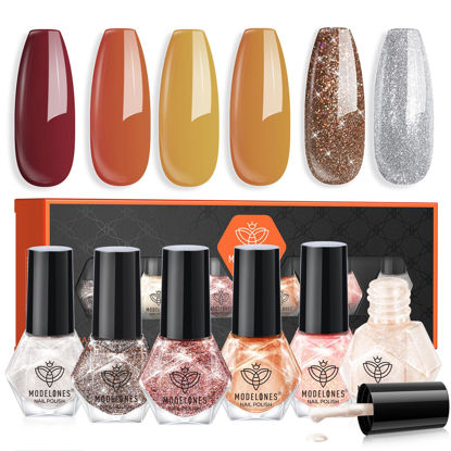 Picture of modelones Nail Polish Set 6 Colors Fall Winter Glitter Nail Polish Kit Orange Brown Quick Dry Nail Polish Manicure Nail Art Manicure DIY Home Salon Gift for Women Mom