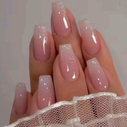 Picture of Hkanlre Bling Coffin Press on Nails Fake Nails Tips Full Cover Medium False Gradient Nails for Women and Girls 24PCS (Coffin pink)
