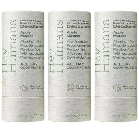 Picture of Hey Humans Deodorant, Aluminum Free Deodorant for Women and Men, Contains Naturally Derived Ingredients, All Day Odor Control, Refreshing Essential Oils, Earth Friendly Package, Apple Matcha
