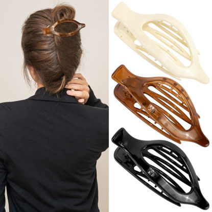 Picture of ATODEN Flat Hair Clips for Women Lay Flat Hair Claw Clips for Thin Thick Hair 3Pcs French Concord Hair Clips Large Hair Clips Neutral Jaw Clips Hair Clamps Hair Accessories White Brown Black