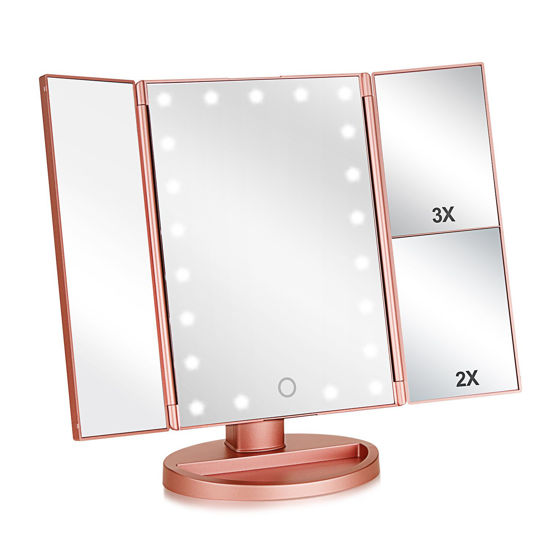Picture of Flymiro Tri-fold Lighted Vanity Makeup Mirror with 3x/2x Magnification,21 LEDs Light and Touch Screen,180 Degree Free Rotation Countertop Cosmetic Mirror,Travel (Rose Gold)