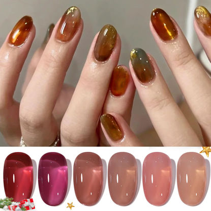 Picture of Born Pretty Jelly Burgundy Gel Nail Polish Fall Winter Jelly Wine Gel Polish Translucent Gel Polish Brown Purple Red Nude Colors Sheer Gel Polish Set Nail Art Varnish Manicure 6PCS