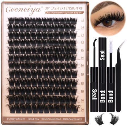 Picture of Geeneiya 200D Fluffy Lash Clusters Kit Thick Lash Extension Kit 10-20mm Wispy Cluster Eyelash Extensions Individual Eyelashes Kit with Waterproof Lash Bond and Seal DIY Lashes Applicator for Beginners