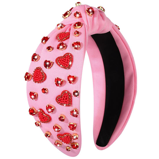 Picture of CEALXHENY Valentine's Day Hairband for Women, Red Pink Rhinestone Heart Headband, Knotted Headband, Valentine's Day Accessories, Gifts (Beaded Heart B, 1 Count Pack of 1)