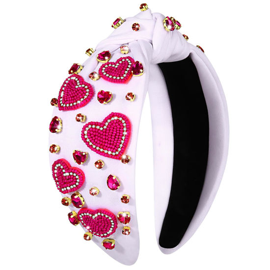 Picture of CEALXHENY Valentine's Day Hairband, Hot Pink Beaded Heart Headband, Wide Top Knot Headband, Jeweled Rhinestone Headband, Valentine's Day Gifts for Her (Pink Red)
