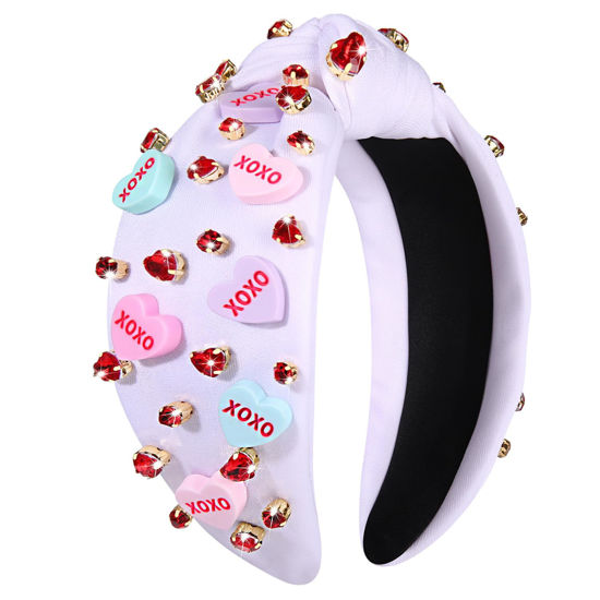Picture of CEALXHENY Valentine’s Day Headband for Women Rhinestone Heart Headbands Red Pink Crystal Knotted Headband Valentine’s Day Hair Accessories Gifts (XO White)