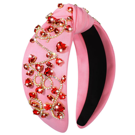 Picture of CEALXHENY Hairband, Valentine's Day Headbands Accessories for Women Hot Pink Beaded Heart Headband Heart Crystal Knotted Headband Jeweled Wide Top Knot Headband Valentine's Day Gifts