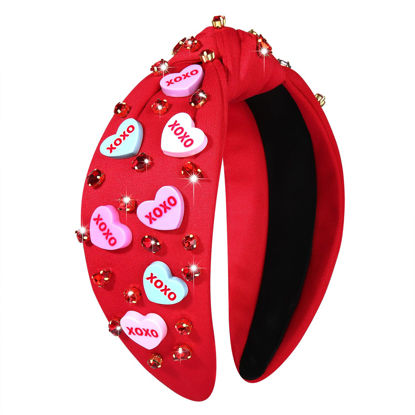 Picture of CEALXHENY Valentine's Day Headband for Women, XOXO Red Pink Beaded Heart Headbands with Rhinestone Crystal Knotted Jeweled Hairband, Valentine's Day Hair Accessories Gifts