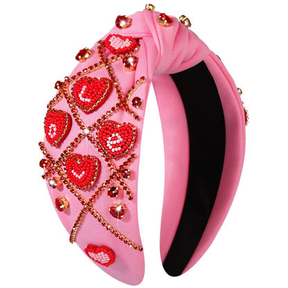 Picture of CEALXHENY Valentine's Day Headband for Women, Red Pink Rhinestone Heart Headbands, Knotted Headband, Valentine's Day Hair Accessories, Gifts (Beaded Heart C)