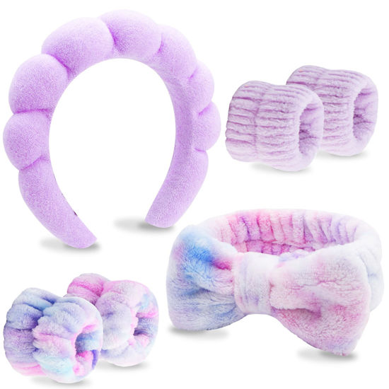 Picture of VELSCRUN 6 Pack Spa Headband, Makeup Headband, Face Wash Headband, Skincare Headbands, Multicolour Purple Sponge Hair Band Bow Tie Spa Headband for Washing Face Wristband Set Women Hair Accessories