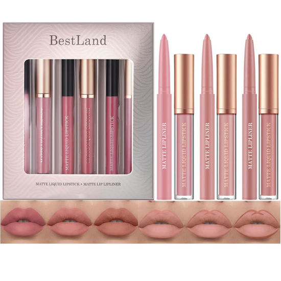 Picture of BestLand 6Pcs Matte Liquid Lipstick + Lip Liner Pens Set, One Step Lips Makeup Kits Pigment Velvety Nude Lip Stain Waterproof Long Wear Lip Gloss Make up Gift Set (Graceful Nudes Collection)
