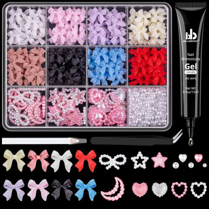 Picture of 3D Nail Charms and Flatback Pearls #1, 600 Pcs 8 Colors Bow + Pink&White Star Heart Moon Cute Charms + 2-6mm White Pearls for Nail Art Design with Nail Charm Glue(UV Needed) and Pickup Tools