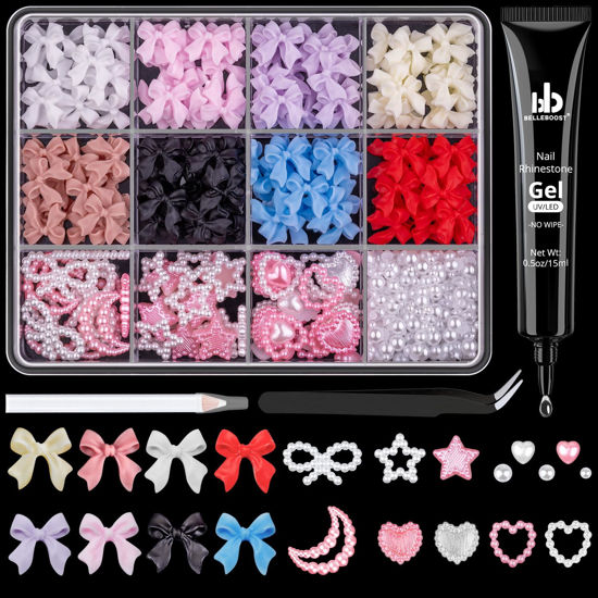 Picture of 3D Nail Charms and Flatback Pearls #1, 600 Pcs 8 Colors Bow + Pink&White Star Heart Moon Cute Charms + 2-6mm White Pearls for Nail Art Design with Nail Charm Glue(UV Needed) and Pickup Tools