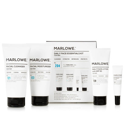 Picture of MARLOWE. Mens Skin Care Set, No. 204 Daily Essential Face Kit, No. 121 Facial Cleanser, No. 123 Facial Moisturizer, No. 127 Eye Cream, No. 128 Daily Face Lotion with SPF 50, Great Gift for Men