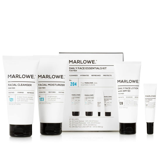 Picture of MARLOWE. Mens Skin Care Set, No. 204 Daily Essential Face Kit, No. 121 Facial Cleanser, No. 123 Facial Moisturizer, No. 127 Eye Cream, No. 128 Daily Face Lotion with SPF 50, Great Gift for Men