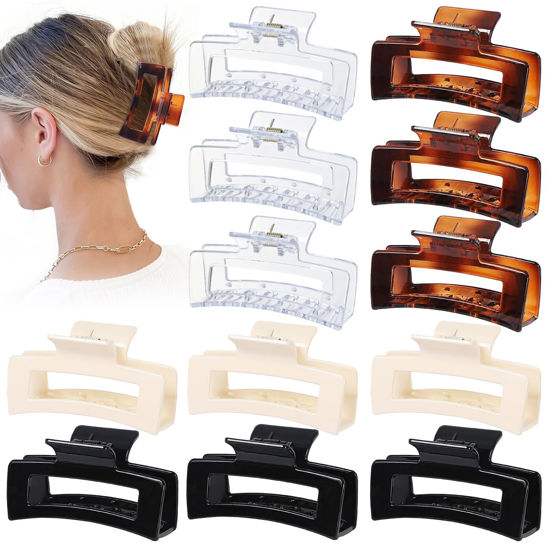 Picture of Sisiaipu 3.5 Inch Medium Square Claw Hair Clips, 12 Pcs Transparent, Amber, Glossy Black for Thick and Thin Hair - Hair Accessories for Women and Girls