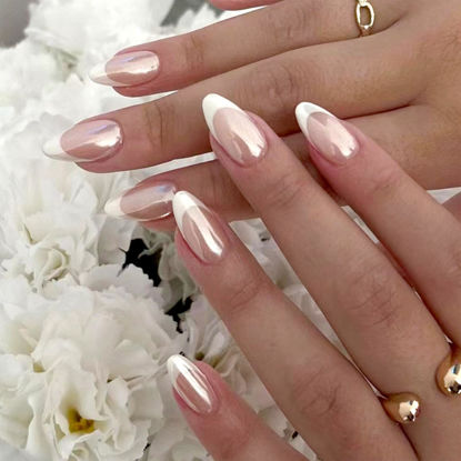 Picture of French Tip Press on Nails Medium Almond Fake Nails with Designs White French Tip False Nails Press ons Glossy Full Cover Acrylic Glue on Nails Cute Artificial Stick on Nails for Women Manicure 24pcs