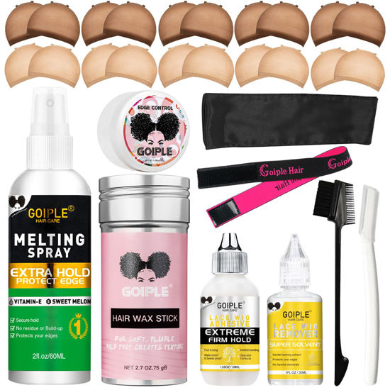 Picture of Wig Accessory Essentials Kit Lace Front Wig Glue & Remover, Wig Caps, Elastic Band, Hair Wax Stick, Edge Control, Edge Brush, Hair Shear Dermaplanning Razor Tool and Edge Scarf - 29PCS