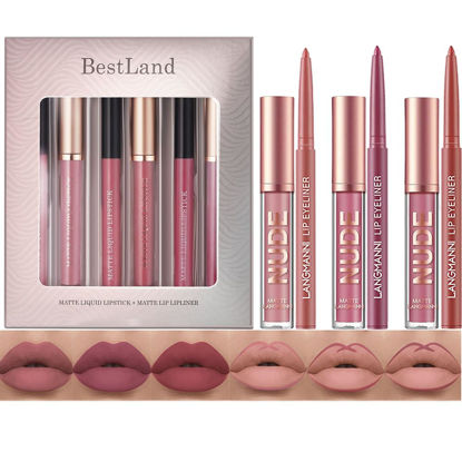 Picture of BestLand 6Pcs Matte Liquid Lipstick + Lip Liner Pens Set, One Step Lips Makeup Kits Pigment Velvety Nude Lip Stain Waterproof Long Wear Lip Gloss Make up Gift Set (Classic Allure Set)