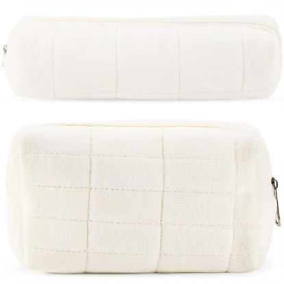 Picture of 2Pcs Makeup Bag for Women Cosmetic Pouch Travel Small Cosmetic Bag Set Cute Plush White Makeup Pouch Purse Portable Travel Makeup Bag Zippered Toiletry Bag Organizer Trendy Makeup Brushes Storage Bag