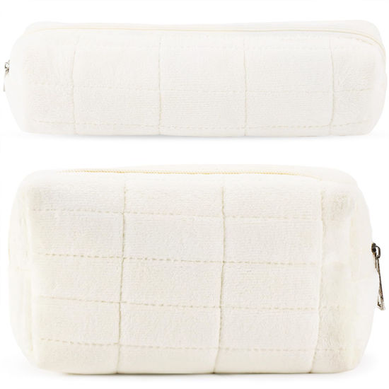 Picture of 2Pcs Makeup Bag for Women Cosmetic Pouch Travel Small Cosmetic Bag Set Cute Plush White Makeup Pouch Purse Portable Travel Makeup Bag Zippered Toiletry Bag Organizer Trendy Makeup Brushes Storage Bag