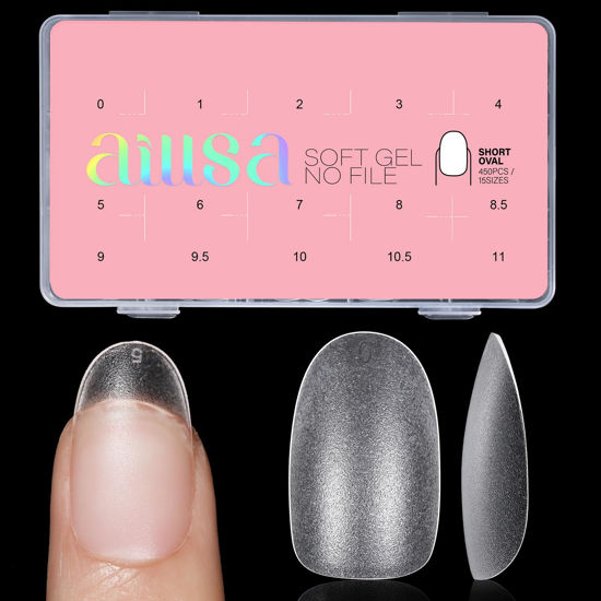 Picture of AILLSA Short Oval Nail Tips 450PCS Matte Full cover Nails Tips Soft Gel Clear No Need Filed Press on False Nail Tips Pre-Shaped for Nail Extension Fake Nail Tips Manicure 15 Sizes