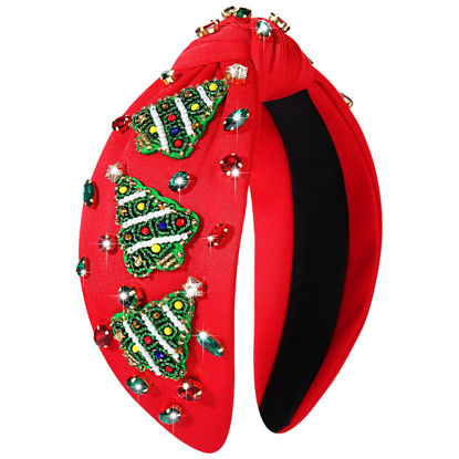 Picture of Women's Jeweled Plaid Embellished Crystal Pearl Knotted Wide Top Knot Headband - Holiday Hair Accessories Outfits Gifts (Christmas Tree 5)