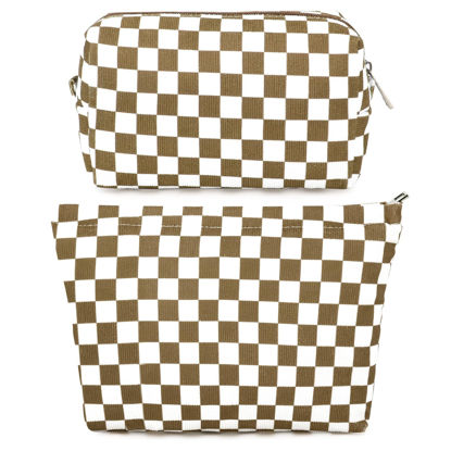 Picture of SOIDRAM 2 Pcs Checkered Makeup Bag Large Cosmetic Bag Toiletry Bag Makeup Pouch Travel Bag Organizer Cute Makeup Brushes Aesthetic Accessories Storage Bag for Women Coffee Brown