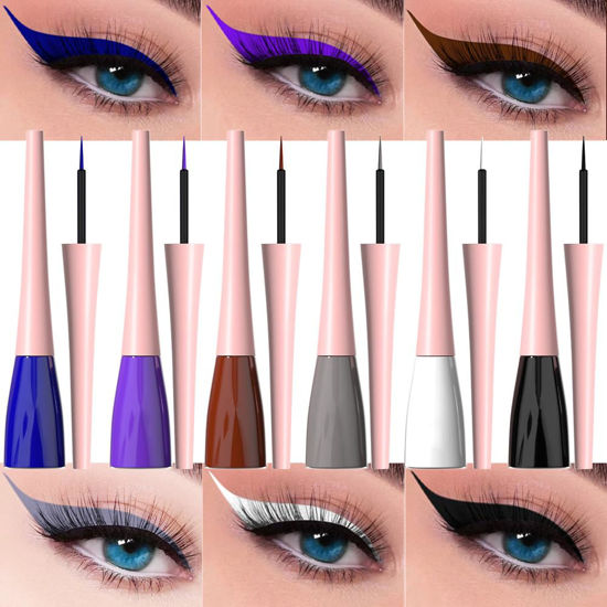 Picture of evpct 6Pcs Dark Blue Violet Maroon Grey White Black Liquid Eyeliner Set Waterproof Eye Liners for Women, Eyes Wing Colored Eyeliner delineador de ojos a prueba de agua contra el agua blanco para ojos