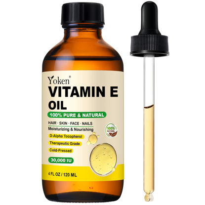 Picture of Yoken Vitamin E Oil 4 Fl Oz Organic Vitamin E oil for Skin 30,000 IU Vitamin E oil for Scars Hair, Face, Nail, Scalp Perfect Bath and Body Oil, Cold Pressed Hexane Free Non-GMO Gluten Free Formula