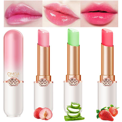 Picture of 3 Pcs/Set Strawberry Peach Aloe Jelly Lipstick Set Temperature Change Moisturizer flower Lip Stick Long Lasting Nutritious Lip Balm Magic Color Change Lip Gloss (3Pcs Fruity Flavor Lipstick A)
