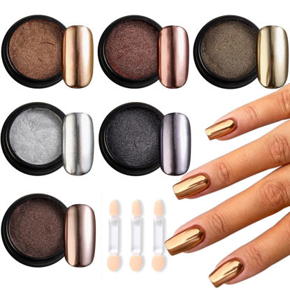 Picture of Chrome Nail Powder Set - 6 Colors Rose Gold Bronze Black Chrome Nail Powder, Mirror Effect for Nails, Metallic Rubbing Dust Chameleon Glitter Pigment Flakes, Manicure Salon Supplies
