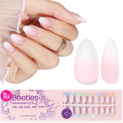 Picture of Beetles French Tip Press On Nails, 16 Sizes 224 Pcs Pink Gradient ExtraShort Almond Press On Nails 4 In 1 Gel Nail Tips Pre-Applied Primer Base Soak Off Uv Nail Extension Valentines Gift for Women