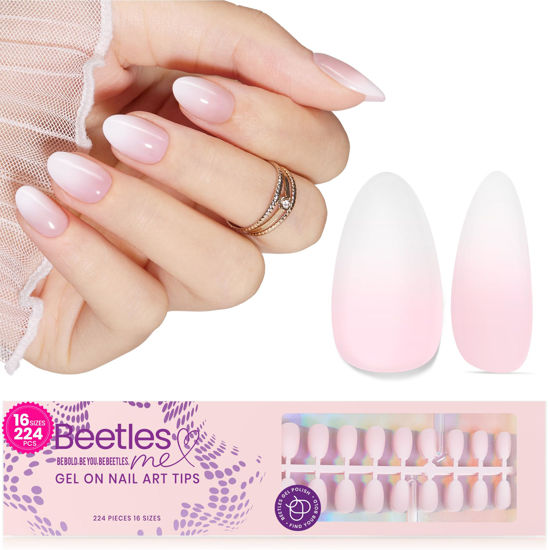 Picture of Beetles French Tip Press On Nails, 16 Sizes 224 Pcs Pink Gradient ExtraShort Almond Press On Nails 4 In 1 Gel Nail Tips Pre-Applied Primer Base Soak Off Uv Nail Extension Valentines Gift for Women