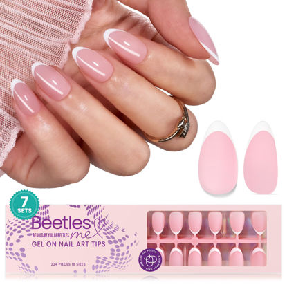 Picture of Beetles French Tips Press on Nails: Short Almond 16 Sizes Gel Nail Tips, Pink Press ons Pre-applied Primer Glue on Nail Tips, No Need to File DIY Nails Art Design Valentine's Day Gifts for Women