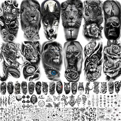 Picture of TASROI 61 Sheets Realistic Skull Tiger Wolf Lion Temporary Tattoos For Women Men Arm Sleeve, 3D Halloween Temp Tattoos Adults Compass Black Rose Flower, Bulk Fake Tattoos That Look Real And Last Long