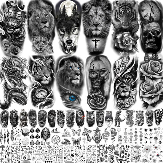 Picture of TASROI 61 Sheets Realistic Skull Tiger Wolf Lion Temporary Tattoos For Women Men Arm Sleeve, 3D Halloween Temp Tattoos Adults Compass Black Rose Flower, Bulk Fake Tattoos That Look Real And Last Long