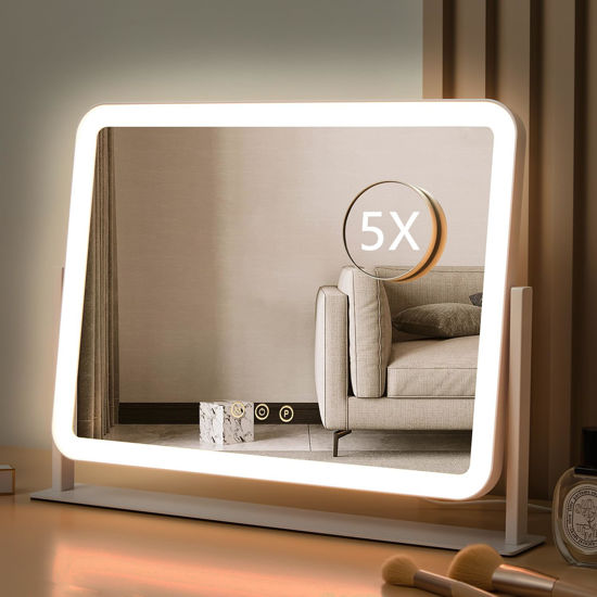 Picture of HIEEY Vanity Mirror with Lights, Lighted Makeup Mirror, Three Color Lighting Modes, and 5X Magnification Mirror, Smart Touch Control, 360°Rotation (15.7in, White,Gift Box)