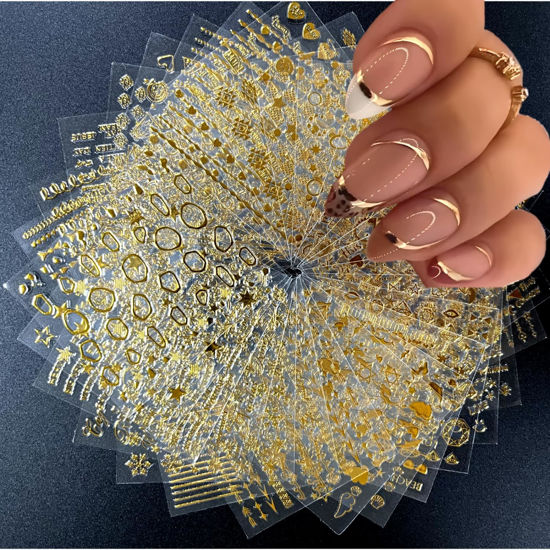 Picture of 30 Sheets Gold Nail Art Stickers 3D Self-Adhesive Nail Decals Gold Line Star Nail Stickers for Acrylic Nails Gold Leaf Diamond Nail Supplies for Women