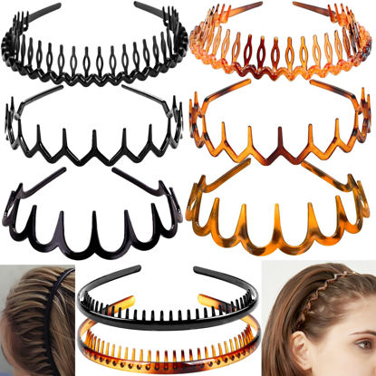 Picture of ULTIMUTE 8 PCS Fashion Effortless Plastic Headbands with Teeth Comb Black Skinny Headbands No Slip Hair Accessories Bands for Women Men Teen Girls, Leopard&Bright Black