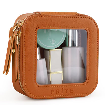 Picture of Prite Small Makeup Bag for Women Portable Clear Makeup Bag Cute Mini Waterproof Travel Cosmetic Bag with Gold Zipper for Car Essentials(Brown)