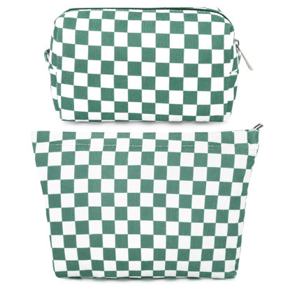 Picture of SOIDRAM 2 Pcs Checkered Makeup Bag Large Cosmetic Bag Toiletry Bag Makeup Pouch Travel Bag Organizer Cute Makeup Brushes Aesthetic Accessories Storage Bag for Women Olive Green