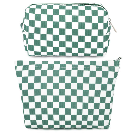 Picture of SOIDRAM 2 Pcs Checkered Makeup Bag Large Cosmetic Bag Toiletry Bag Makeup Pouch Travel Bag Organizer Cute Makeup Brushes Aesthetic Accessories Storage Bag for Women Olive Green