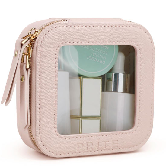 Picture of Prite Small Makeup Bag for Women Portable Clear Makeup Bag Cute Mini Waterproof Travel Cosmetic Bag with Gold Zipper for Car Essentials(Pearlescent Pink)